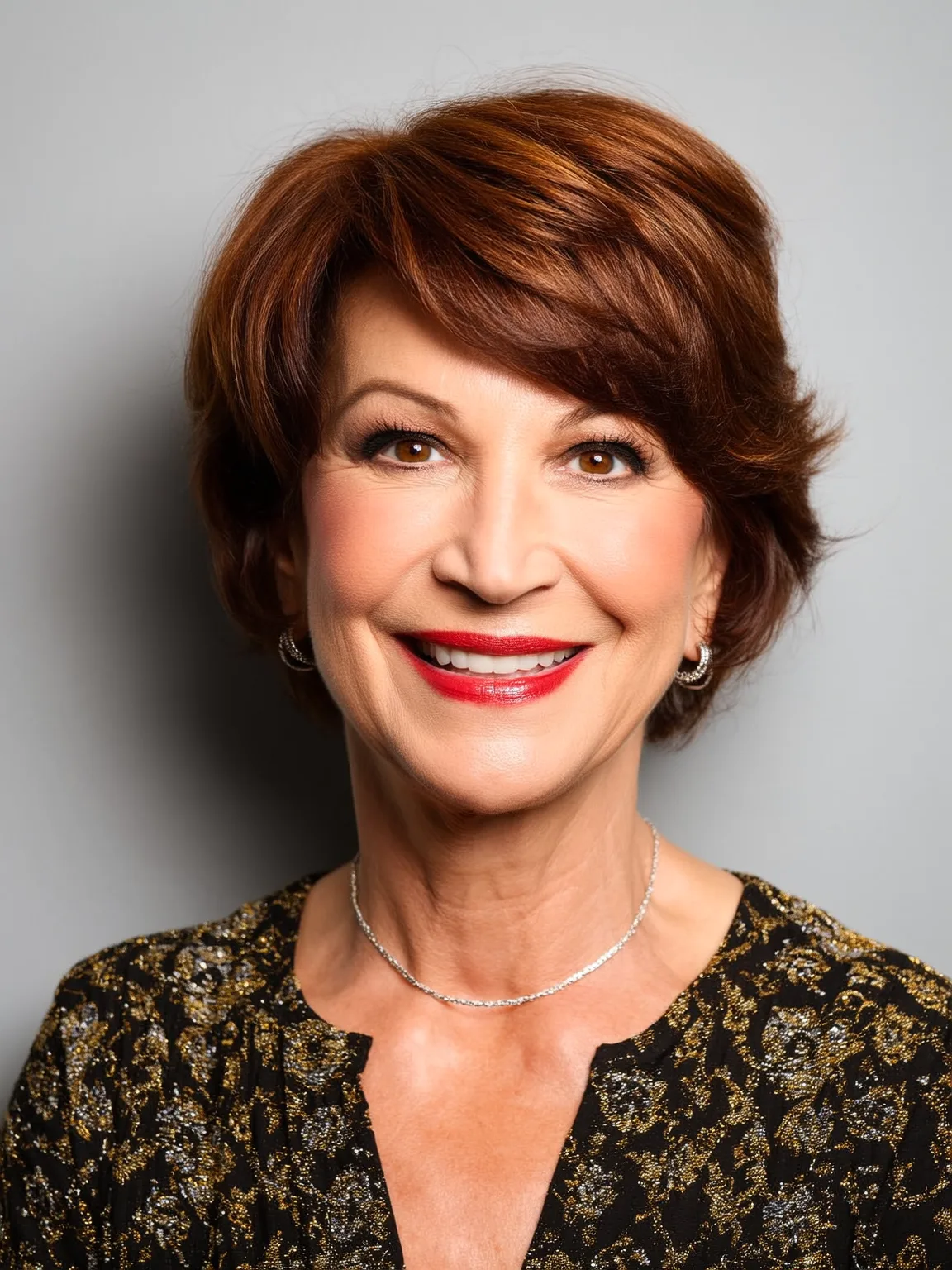 Warm Auburn Layered Pixie with Side Swept Bangs
